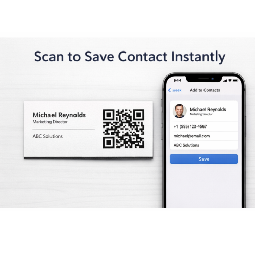 Digital business card displayed on iPhone and business card
