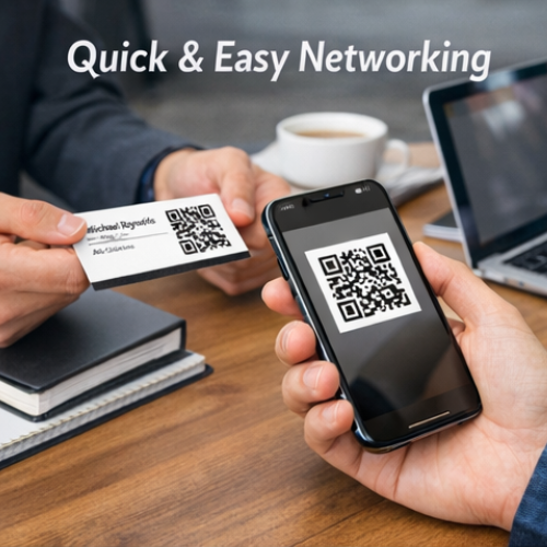 Digital business card displayed on iPhone and business card