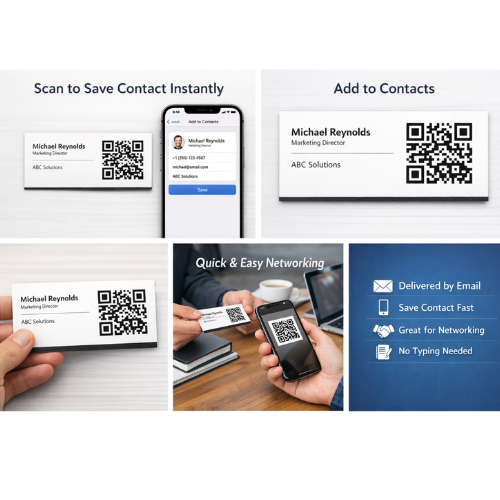 Multiple images of QR code on business card and Iphone with QR Code