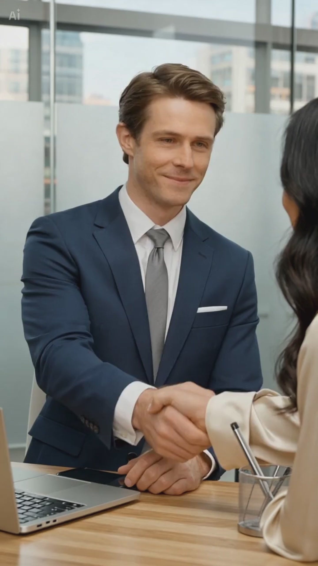 Man shaking a woman hand and then showing her his phone in a video.